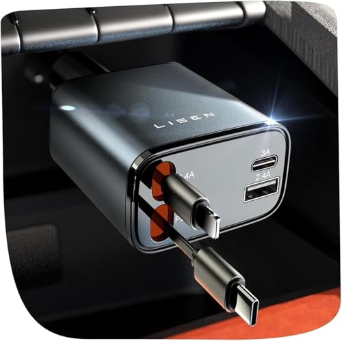 LISEN 4 en 1 Rétractable Chargeur Voiture USB C 69W [Câble Magique & Rebond Instantané] Adaptateur Allume Cigare, Idee Cadeau Homme Saint Valentin, Voyage Camping Car...