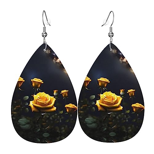 Bellissime rose gialle stampate su entrambi i lati orecchini in pelle int e forma di gocce d'acqua, creativi, leggeri e romanzi, colori vivaci e vivaci.