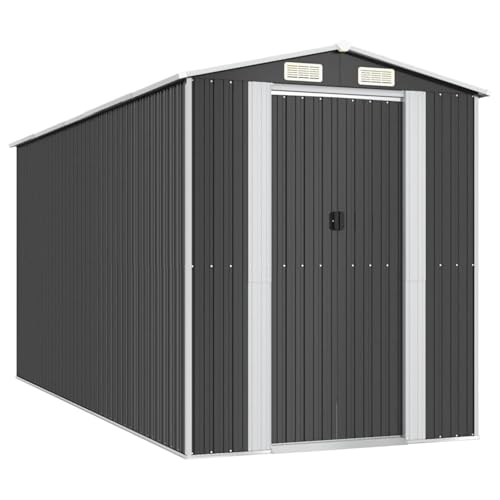 Caseta para herramientas de jardín, accesorios de piscina y herramientas de jardín al aire libre, color antracita, 192 x 440 x 223 cm, de acero galvanizado con puerta corredera y rejillas de