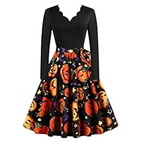 Halloween Kleid Damen A-Linie - Grusel Hexen Kostüm Langarm Mit V-Ausschnitt