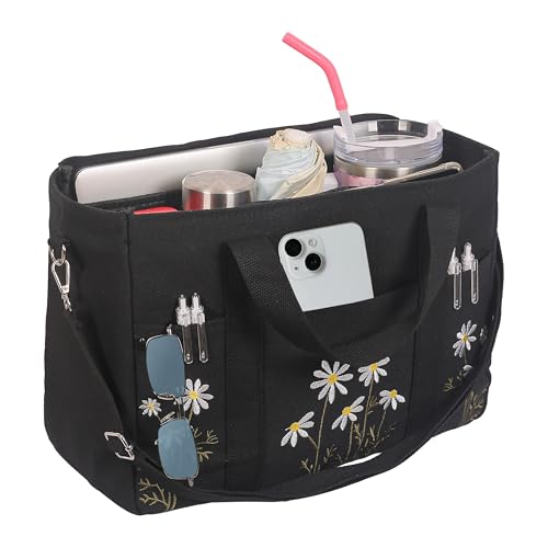 Canvas Tote Bag for Women, Daisy Embroideried Multi-Pockets Beach Grocery Bag for Work Travel Gym2