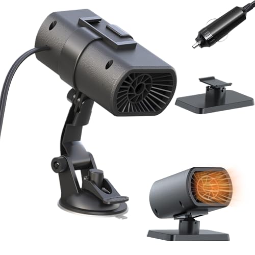 Genikeer Calentador de 12 Voltios para Automóvil | Desempañador de Camión con Ventilador | 2 en 1 Calentador de Coche Portátil con Soporte de Succión,para Vehículos Camiones Autocaravanas Invierno