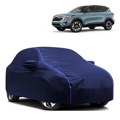Image of Kerwa Car Body Cover Waterproof with Kia Seltos, Dust & UV Resistant All-Weather Proof Full Body Cover, Blue with Blue Lining, Triple Stitch Elasticated Bottom with Mirror Pocket