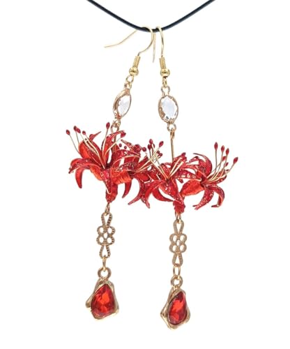 Image of Handmade Women Lycoris Radiata Flower Dangle Earrings, Red Floral Drop Earrings with Beads Accents, Gold Tone Chain, Ancient Hanfu Kimono Style Jewelry for Bridal Wedding Party Cosplay