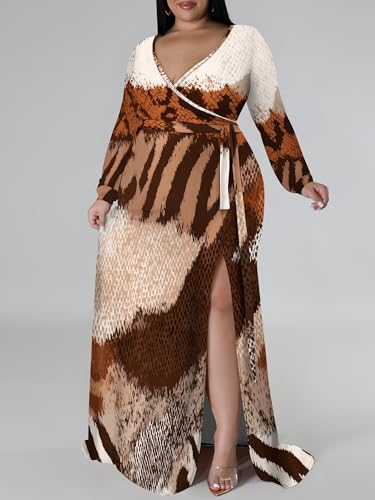 Image of PinkPatty Women's Plus Size Long Sleeve Maxi Dress Casual V Neck Slit Tie Waist Wrap Dresses for Party Cocktail
