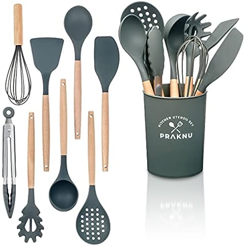 Set de 8 Utensilios de Cocina de Silicona con Mango de Madera y Soporte Cover