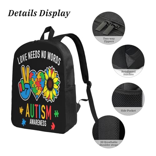 Autism Awareness Sunflower 17 Inch Backpack Sets Lunch Bag Lightweight Daypack for Men Women 3Pcs3