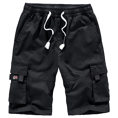 Jamron Hombre Tallas Grandes Pantalones Cortos Cargo con Cintura Elástica y 8 Bolsillos Verano Pantalones Cortos Casuales de Algodón Negro 5XL