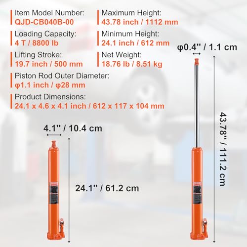 Image of VEVOR Hydraulic Long Ram Jack, 4 Ton Engine Hoist Cylinder with Single Piston Pump and Flat Base, Hydraulic Ram Cylinder for Engine Lift Hoists, Hydraulic Garage /Shop Cranes, Mechanical, Farm