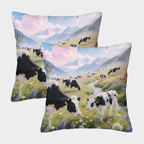 Funda De Cojín con Manada de Vacas Juego De 2, Microfibra Suave Funda De Almohada con Cremallera Invisible, Fundas Decorativas De Cojín para Sofá Coche Cama Sillas, 45x45cm