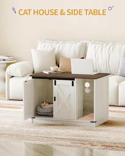 Cat Litter Box Enclosure, Hidden Litter Box Cabinet Furniture with Bell, Indoor Cat House, Farmhouse Style, 31.5 x 19.7 x 20.9Inches, for Hallway, Bedroom, Rustic Brown and White CB82414X