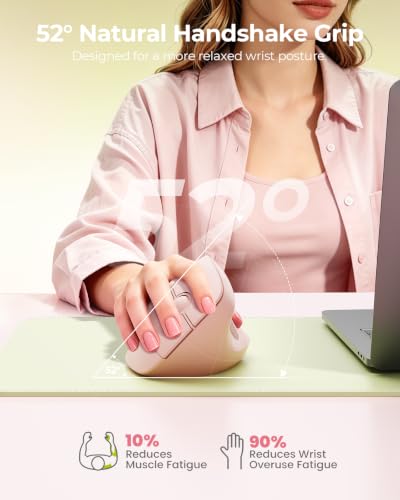 Image of seenda Ergonomic Wireless Mouse, MOU200 Vertical Bluetooth Mouse with 2.4G USB Receiver, Dual Bluetooth, Quiet Clicks, 52 Grip, 3-Level DPI, 116g Right Hand Mouse for Laptop PC Mac Android,Light Pink