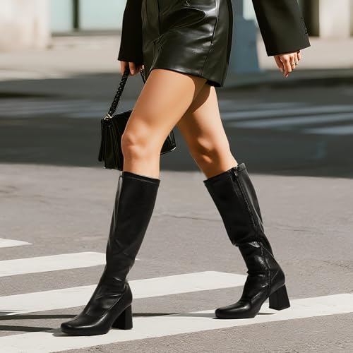 DREAM PAIRS Women's Gogo Boots Square Toe Chunky Wide Calf Knee High Boots For Women,Size 6.5,Black/Pu,SDKB2231W