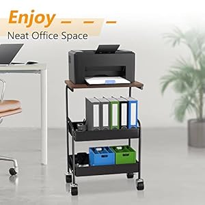 Rolling Cart with Wooden Tabletop 3 Tier Metal Utility Cart Rolling Storage Organizer Cart with Lockable Wheels for Kitchen Office Bedroom Black