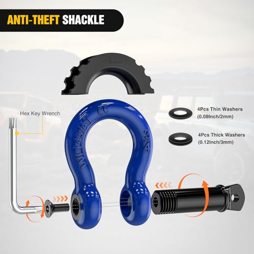 Image of Nilight 3 /4 inch D Ring Shackle 2 Pack 19T (41,887 lbs) Break Strength 4.75T WLL Heavy Duty Towing Hook with Anti-Theft System Anti-Rattle Isolators for Truck Jeep SUV ATV UTV Recovery Blue