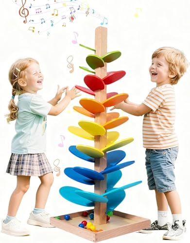 Holz Kugelbahn mit Klangbaum Murmelbahn 6 Ebenen 18 Bunte Bälle Montessori Spielzeug ab 3 Jahren Musikbaumspielzeug zur Förderung der Motorik