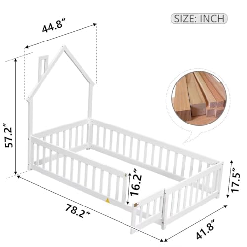 TURRIDU Twin Size Montessori Floor Bed with Fence and Door, House-Shaped Headboard Floor Bed with Full-Length Guardrails, Floor House Bed for Children Girls Boys, No Weight Limit, White - Thumbnail 2