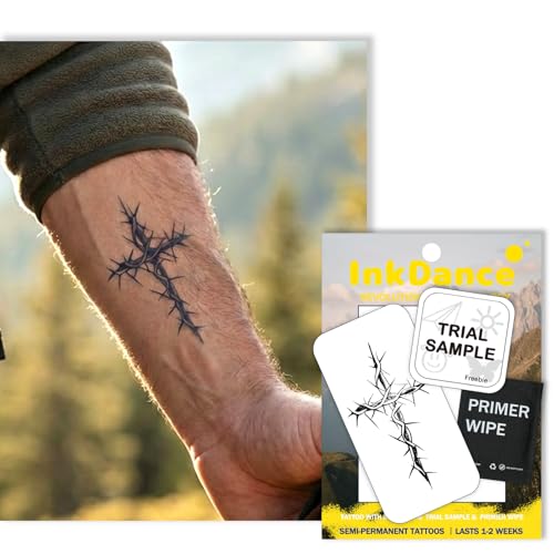InkDance Semi-Permanent Tattoo, Thorns Cross, Long Lasting Temporary Tattoos, Waterproof Plant-Based Ink, Lasts 1-2 Weeks, Color Develops in 24 Hours X212