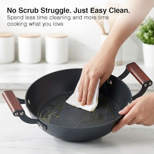 Image of Prestige Castlite Patterned Enamel Coated Cast Iron Kadai 24cm /2.4L with Glass Lid | High Heat Retention, Rust-Proof | Gas & Induction Compatible | Low-Oil Cooking | Stay-Cool Handles | 15Y Warranty