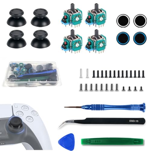 Ruayia Hall Effekt Sticks Kompatibel mit Play Station 5 PS5, Elektromagnetischer Joystick Ersatz mit 4 Stück Daumenkappe, Ersatz Trimmer Potentiometer Sensor Kit Ersatz