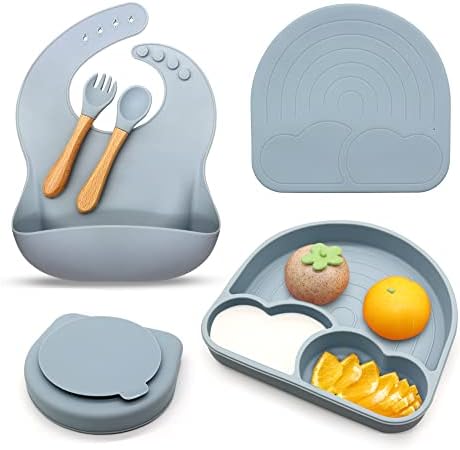 SmoreBaby 4pcs Baby Silicone Feeding Set Toddler Plates Bib Spoon Fork with Suction Utensils Toddlers Baby-Led Boys Girls Eating Supplies (Dust Blue, Dusty Blue