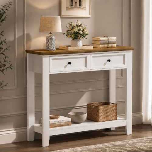 Draelibor 38.6" W Narrow Console Table with 2 Drawers, White