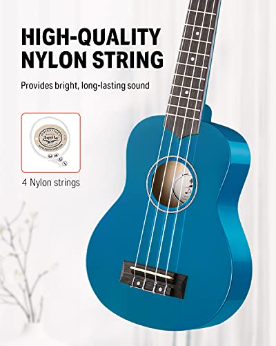 Image of Donner Soprano Ukulele for Beginners 21 Inch Ukelele Starter Bundle Kit with Free Online Lessons Bag Strap String Tuner Picks Cloth Ukalalee Yukalalee (Blue)