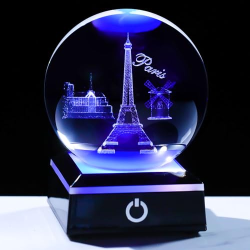 Image of 3D Crystal Ball Eiffer Tower Decor Paris Gifts for Women Men Snow Globe Ornament with LED Base Night Light, Laser Etched Eiffer Towe Statue Souvenirs France Gifts