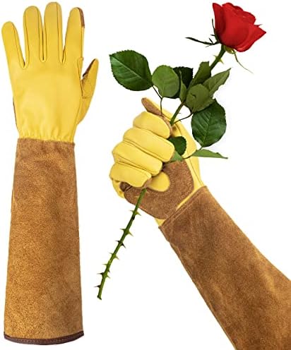 WOHEER Long Gardening Gloves for Women Thorn Proof,Rose Pruning Cowhide Leather Garden Gloves for Cactus, Rose and Blackberry, Medium (1 Pair)