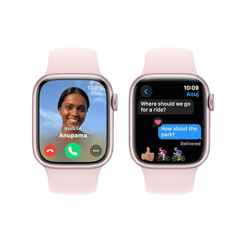 Image of Apple Watch Series 9 [GPS 41mm] Smartwatch with Pink Aluminum Case with Light Pink Sport Band S /M. Fitness Tracker, Blood Oxygen & ECG Apps, Always-On Retina Display, Water Resistant