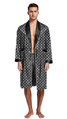 Image of TONY AND CANDICE Men's Satin Robe Lightweight Long Sleeve Silk Kimono Bathrobe with Shorts Set Sleepwear