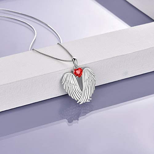 Image of YFN Angel Wings Necklace 925 Sterling Silver Guardian Angel Wings Pendant Necklace Birthstone Necklace for Women Girls Christmas Jewelry Gifts