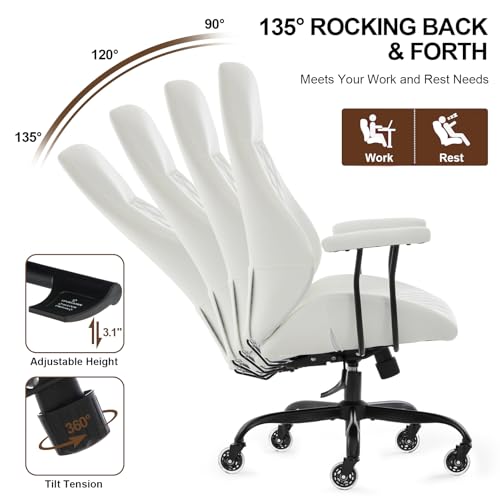 Image of E-Motie Leather Office Chair, Mid Century Modern Desk Chair, White | Ergonomic, Lumbar Support, 360 Swivel & Rolling Wheels, Adjustable Height, for Adults & Women