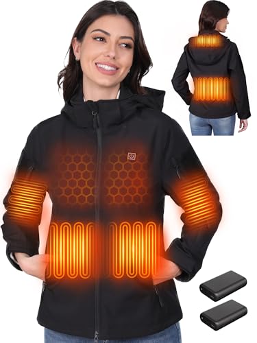 HOTHUGZ Heated Jacket for Women with 2 12V/10000mAh Battery Pack, Women's Soft Shell Electric Jackets, Outdoor Heated Coat