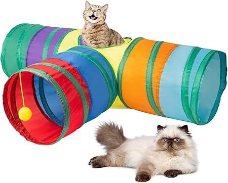 Image of Cawypety Cat Tunnel Toy Collapsible Pet Play Tube with Storage Bag for Cats, Puppy, Rabbits, Guinea Pig, Indoor and Outdoor Use (Rainbow 3 Way Tunnel)