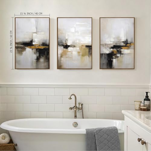 Image of Abstract Neutral Wall Art Black and Brown Grunge Framed Mid Century Modern Wabi Sabi Textured Canvas Painting Artwork for Living Room Bedroom Office- 3 Panels, 16x24 Inch, Ready to Hang