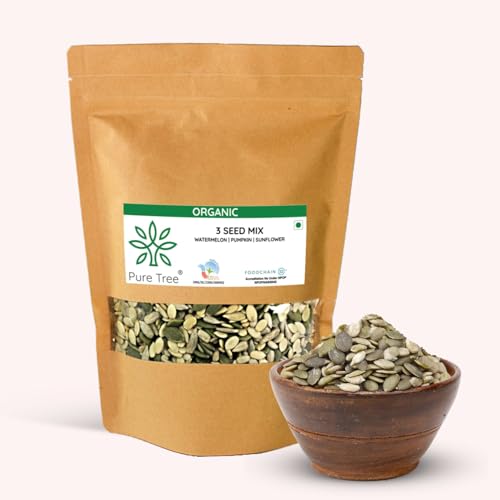 Image of Pure Tree Certified Organic Pumpkin Seeds, Sunflower Seeds, Watermelon Seeds | 850 g | Rich Source Of Magnesium | 3 Seeds Mix for Eating | Crunchy Snack, Diet Snacks, Mix In Salad