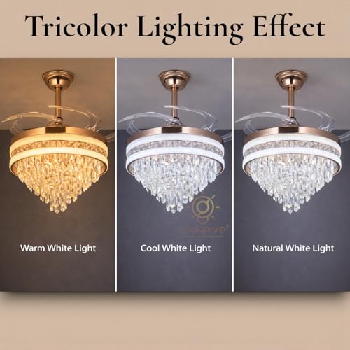 Image of Glowave 52 Inch Black Gold Crystal Chandelier Fan 3 Colors Light Speed Setting 6 Fan Blades Remote Control Ceiling Fan for Kitchen, Cafes, Hotels, Dining, Bar (FI 7641)
