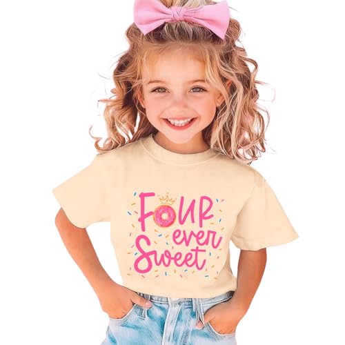 MULOIUDZ Girls Birthday Shirts 4th Four Ever Sweet T-Shirts Crown Donut Birthday Outfit 4 Years Old Tees B-Day Party Tops(Apricot 4th)