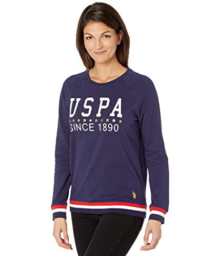 U.S. Polo Assn. Long Sleeve USPA Stripe Rib Trim Crew Sweatshirt Evening Blue MD