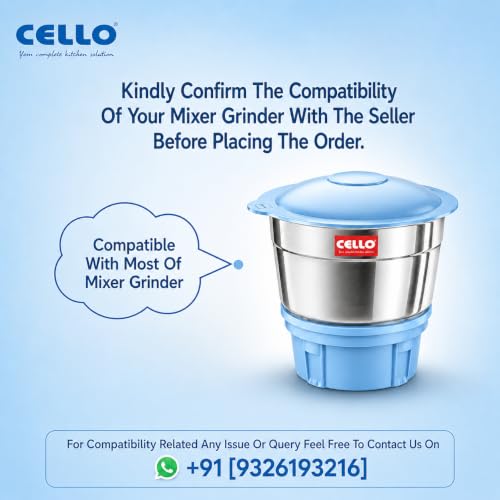 Image of CELLO Stainless Steel Chutney Jar 400ml for Mixer Grinder | Leak-Proof Lid | Food-Grade SS Body | 4 Teeth Compatible | Heavy Duty Grinding Jar for Chutney, Masala & Spices (Sky Blue)