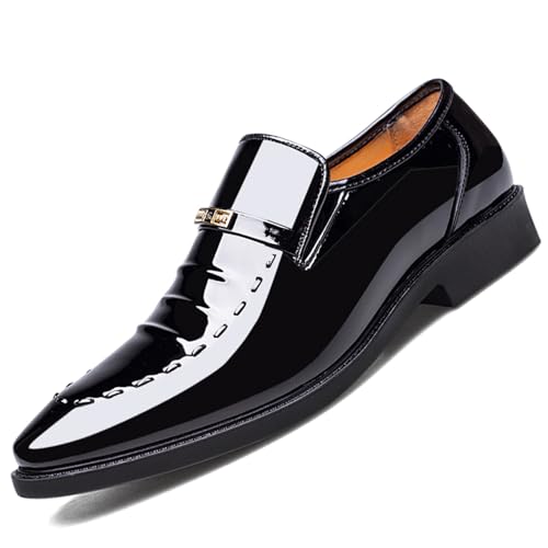 Men's Vintage High Gloss Slip On Dress Loafer Shoes Formal Business Pointed Toe Patent Leather Loafers