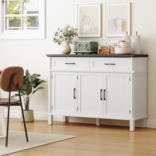 Image of 48 Inches Buffet Cabinet with Storage, Farmhouse Sideboard Buffet w /2 Drawers and 3 Doors, Wood Coffee Bar Cabinet with Adjustable Shelves, Sideboard Storage for Kitchen, Living Room, Off White&Black