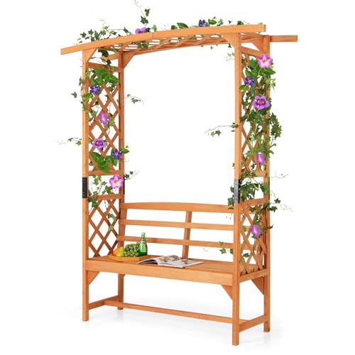 GOPLUS Rosenbogen mit Bank, 2-Sitzer Gartenbank Holz, Torbogen Rankgitter für Rosen & Kletterpflanzen, Garten Pergola Gartenbogen Torbogen für...