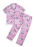 MyFav Girls Pajama Set Silk Button Down Satin Girls PJS Kids Sleepwear Short Sleeve Long Pants,Pink Panda,12Y