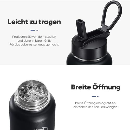 HydroPal Edelstahl Trinkflasche - 500/750ml/ 1L/1.2L/1.9L, BPA-Frei, Kohlensäure geeignet, Isolierte flasche mit Strohhalm & 2 Deckel