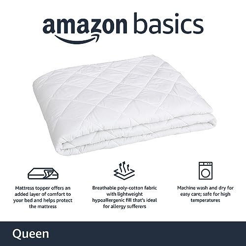 Image of Amazon Basics Hypoallergenic Quilted Plush and Breathable Mattress Topper Pad, 18 Inches Deep, Queen, White