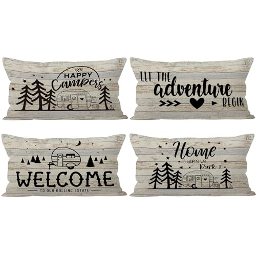 Camper Vintage Wood Linen Throw Pillow Case, 20 x 12 Inch Set of 4, Camping Lovers Gifts, Campers Gifts, Camper Decor, RV Decor, Welcome Lumbar Decor, Trailer Pillow Cushion Cover for Sofa Couch Bed