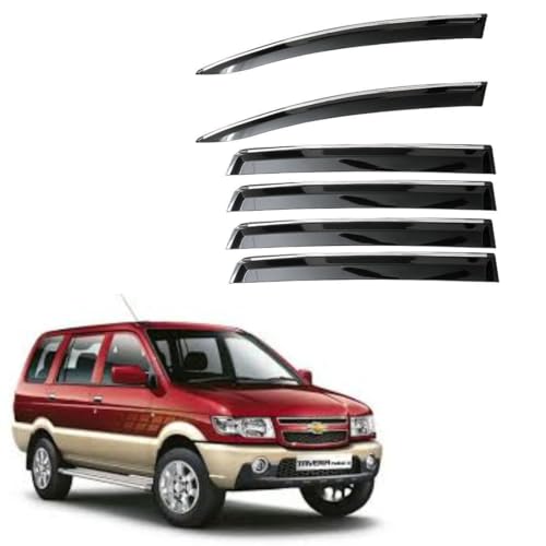 Image of CAR SAAZ Unbreakable Chrome Smoke Door Visor for Tavera | Premium Sun, Rain Wind Deflector Chrome Strip Side Door Rain Visor - Set of 6 Pcs