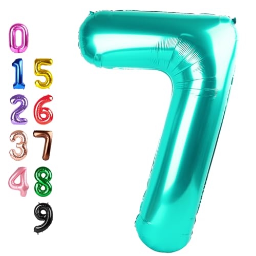 Image of Number Balloons 7 Balloon Teal Blue for 7 Birthday Party Decorations, 40 in | Saturated Color, Large 40 in, With Inflation Straw & Hanging Hole, Great for Men's Party, Back-To-School Season, Pool Party